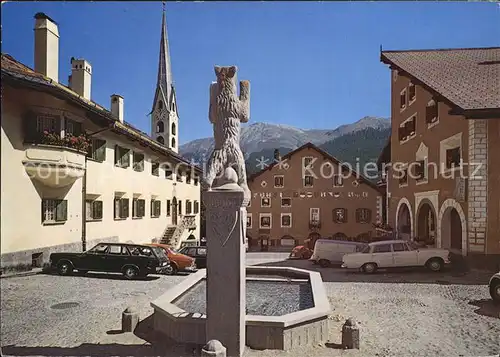 Zuoz GR Dorfplatz mit Kirche Brunnen Kat. Zuoz
