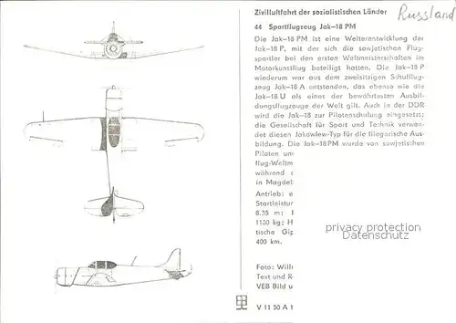 Flugzeuge Zivil Sportflugzeug Jak 18 PM  Kat. Airplanes Avions
