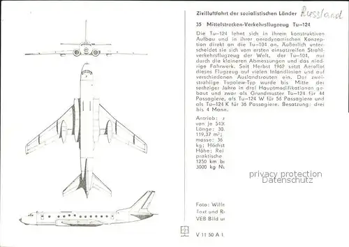 Flugzeuge Zivil Mittelstrecken Verkehrsflugzeug Tu 124  Kat. Airplanes Avions