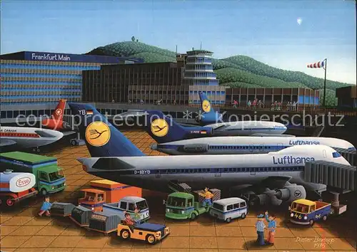 Lufthansa Flughafen Frankfurt Main Naive Hinterglasmalaerei Dieter Berlepp  Kat. Flug