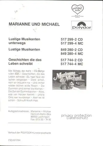 Saenger Band Marianne und Michael Autogramm  Kat. Musik