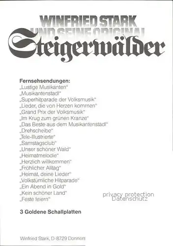 Saenger Band Winfried Stark und seine Original Steigerwaelder  Kat. Musik
