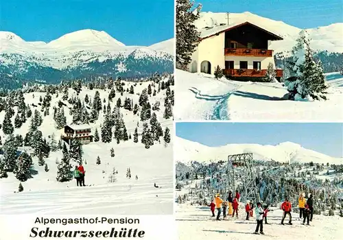 Ebene Reichenau Kaernten Alpengasthof Pension Schwarzseehuette Winterpanorama Skifahrer