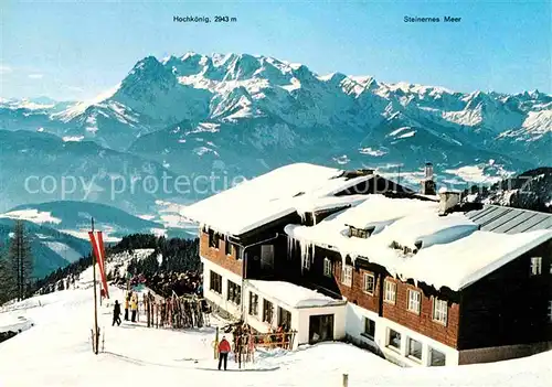 Werfenweng Berggasthof Sportalm Strussing Blick zum Hochkoenig Steinernes Meer Winterpanorama Alpen Kat. Werfenweng