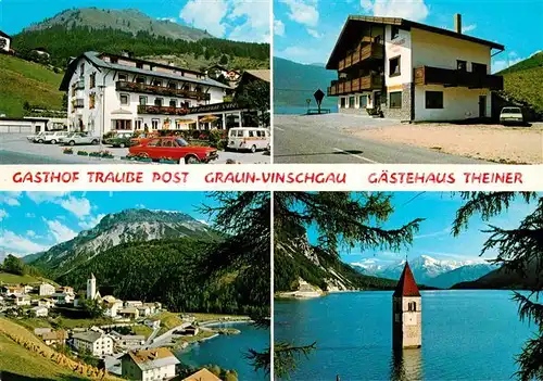 Graun Gasthof Traube Post Gaestehaus Kirchturm im Reschensee Alpen