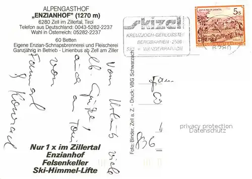 Zell Ziller Tirol Enzianhof Alpengasthof Panoramakarte Kat. Zell am Ziller