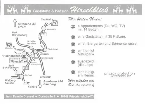 Friedrichshoehe Neuhaus Rennweg Gaststaette Hirschblick Gaestezimmer Gastraum Kat. Neuhaus Rennweg