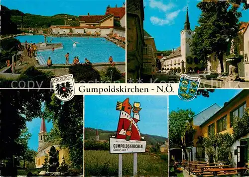 Gumpoldskirchen Niederoesterreich Schwimmbad Kirche Wegweiser Terrasse Kat. Gumpoldskirchen