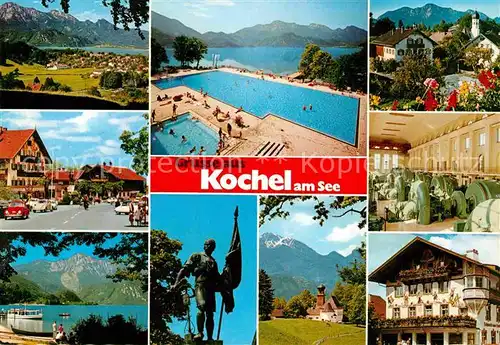 Kochel See Panorama Trimini Dorfidyll Dorfstrasse Kraftwerkshalle See Herzogstand Schmied von Kochel Denkmal Kapelle Kat. Kochel a.See