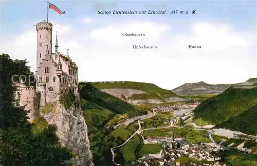 Schloss Lichtenstein mit Echaztal Oberhausen Unterhausen Honau Kat. Lichtenstein