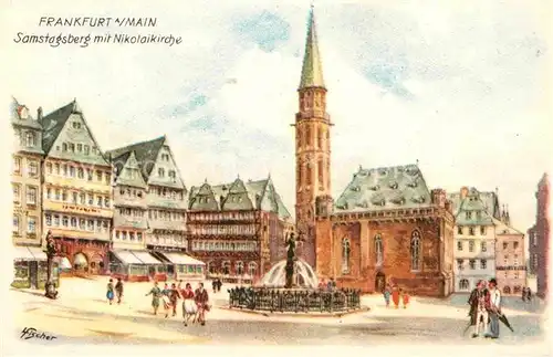 Frankfurt Main Samstagsberg Nikolaikirche Brunnen Fischer Kuenstlerkarte Kat. Frankfurt am Main