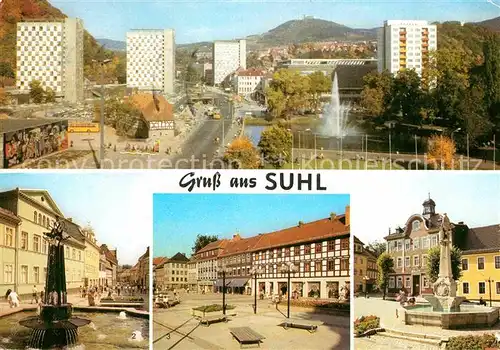 Suhl Thueringer Wald Hochhaeuser Panorama Steinweg Rathaus mit Waffenschmied Denkmal Kat. Suhl