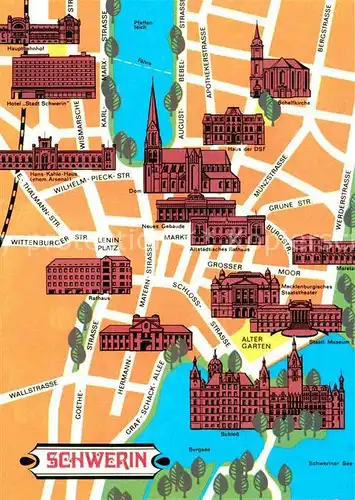 Schwerin Mecklenburg Stadtplan mit Bauwerken und Sehenswuerdigkeiten Kat. Schwerin