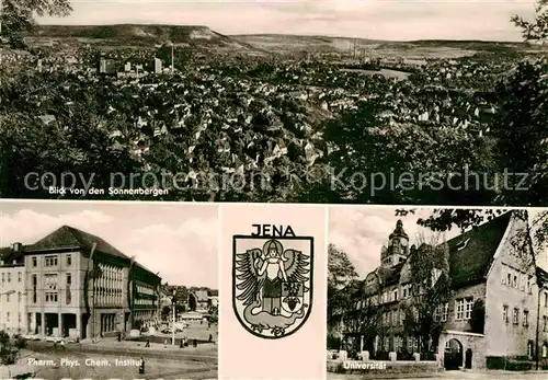 Jena Thueringen Panorama Blick von den Sonnenbergen Pharm. Phys. Chem. Institut Universitaet Wappen