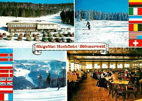 Ulrichsberg Oberoesterreich Skigebiet Hochficht Boehmerwald Bergrestaurant Nationalflaggen Kat. Ulrichsberg