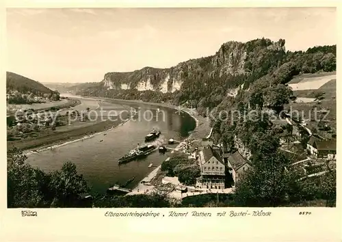 Rathen Saechsische Schweiz Elbe mit Basteiwaende Elbsandsteingebirge Kat. Rathen Sachsen