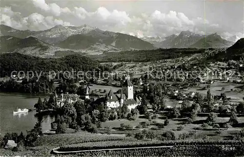 Spiez BE Schloss Kirche Thunersee Alpenpanorama Fliegeraufnahme Kat. Spiez