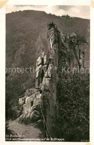 Thale Harz Bodetal Blick vom Hexentanzplatzweg auf die Rosstrappe Felsen Kat. Thale