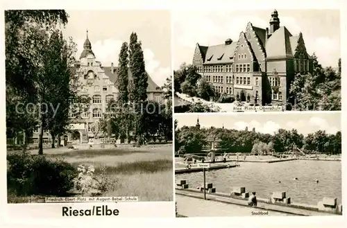 Riesa Sachsen Friedrich Ebert Platz mit Aug Bebel Schule Max Planck Oberschule Stadtbad Kat. Riesa