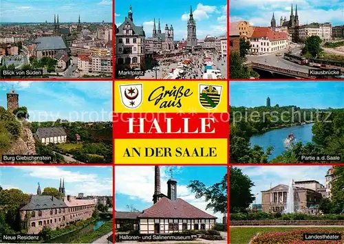 Halle Saale Stadtbild von Sueden Marktplatz Klausbruecke Saale Landestheater Museum Neue Residenz Burg Giebichenstein Kat. Halle
