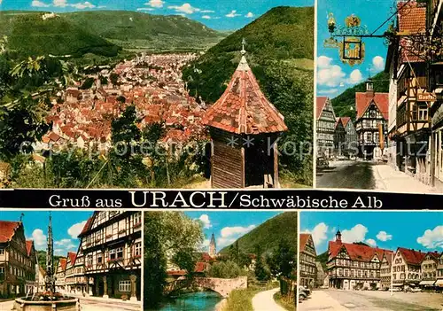 Bad Urach Panorama Schwaebische Alb Altstadt Fachwerkhaeuser Brunnen Kat. Bad Urach