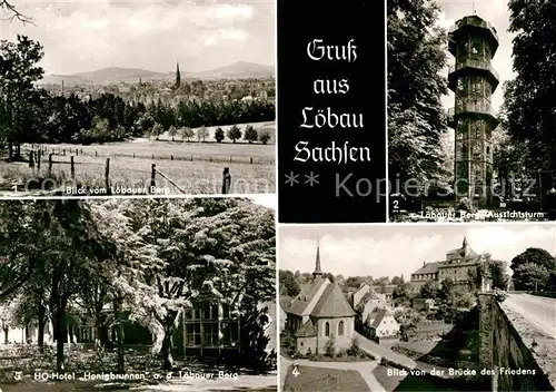 Loebau Sachsen Blick vom Loebauer Berg Aussichtsturm HO Hotel Honigbrunnen Bruecke des Friedens Kirche Schloss Kat. Loebau