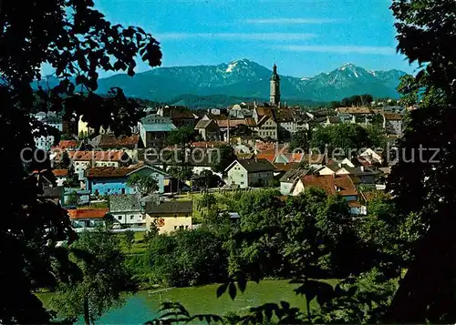 Traunstein Oberbayern Ortsansicht mit Kirche Hochfelln Hochgern Chiemgauer Alpen Kat. Traunstein