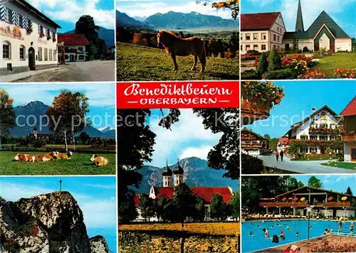 Benediktbeuern Dorfplatz Strassberg mit Herzogstand Marienkirche Kloster Jochberg Benediktenwand Gipfel Alpenwarmbad Kat. Benediktbeuern