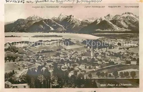 Prien Chiemsee mit Hochgern Hochfelln Loferer Steinberge Hochplatte Kampenwand Kat. Prien a.Chiemsee