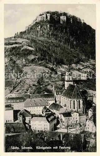 Koenigstein Saechsische Schweiz Ortsansicht mit Kirche und Festung Elbsandsteingebirge Kat. Koenigstein Saechsische Schweiz