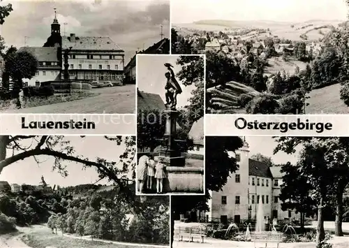 Lauenstein Erzgebirge Teilansichten Falknerbrunnen Springbrunnen Waldpartie Kat. Geising