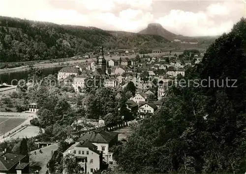 Bad Schandau Ortsansicht mit Kirche Blick zum Lilienstein Tafelberg Elbsandsteingebirge Kat. Bad Schandau