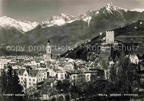 Merano Suedtirol Stadtbild Kurort mit Kirche Burgruine Texelgruppe Kat. Merano