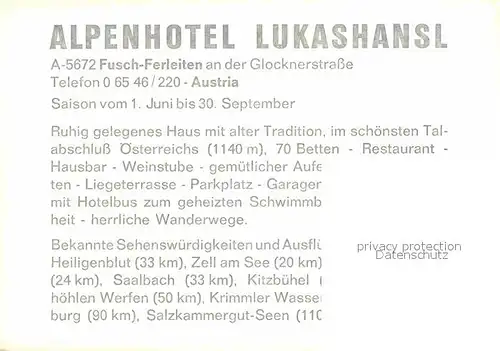 Fusch Grossglocknerstrasse Ferleiten Alpenhotel Lukashansl Kat. Fusch an der Grossglocknerstrasse