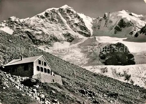 Tschiervahuette mit Piz Bernina und Monte di Scerscen Kat. Tschierva