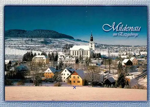 Mildenau Ortsansicht mit Kirche im Winter Kat. Mildenau