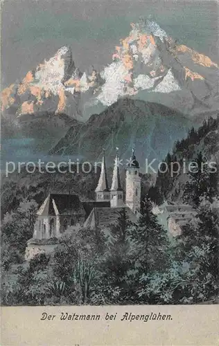 Watzmann Alpengluehen Kirche Kat. Berchtesgaden