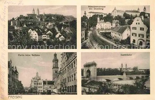 Freising Oberbayern Isarbruecke Partie am Rathaus Gesamtansicht Muenchnerstrasse mit Domberg Kat. Freising