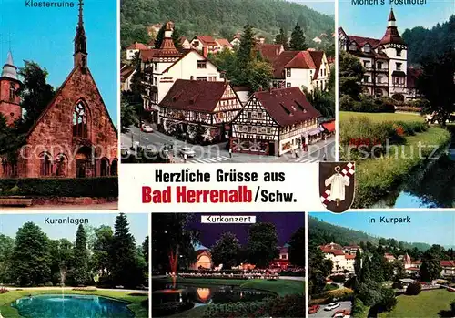 Bad Herrenalb Klosterruine Altstadt Fachwerkhaeuser Hotel Kurpark Kurkonzert KuranlagenTeich Thermalbad Schwarzwald Kat. Bad Herrenalb