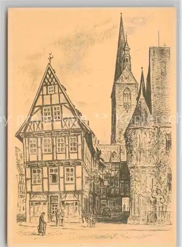 Quedlinburg Offsetdruck nach Kreidezeichnung von K. Hedloff Fachwerkhaeuser Hocken Kat. Quedlinburg