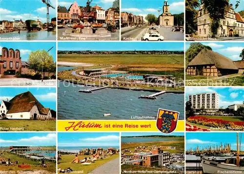 Husum Nordfriesland Binnenhafen Schwimmbad Fischerreiflotte Fliegeraufnahme Kirche Kat. Husum