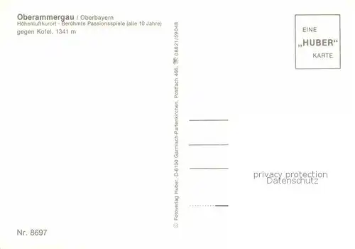 Oberammergau Hoehenluftkurort Passionsspielort gegen Kofel Ammergauer Alpen Huber Karte Nr 8697 Kat. Oberammergau