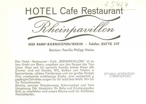 Bornhofen Kamp Hotel Cafe Restaurant Rheinpavillon am Rhein Kat. Kamp Bornhofen