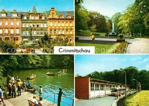 Crimmitschau Brunnen am Markt Friedenspark Gondelteich im Sahnpark Kunsteisstadion Kat. Crimmitschau