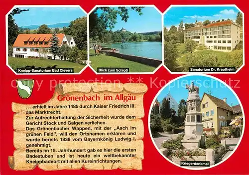 Groenenbach Bad Kneipp Sanatorium Bad Cleven Schloss Kriegerdenkmal Kat. Bad Groenenbach