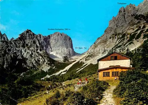 Gaudeamushuette im Wilden Kaiser mit Vorderer Karlspitze Toerlspitzen und Ellmauer Tor Kat. Wildermieming