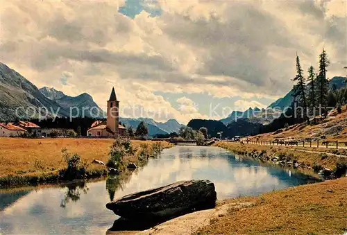 Sils Baselgia Partie am Fluss Kirche Alpenpanorama Kat. Sils Baselgia