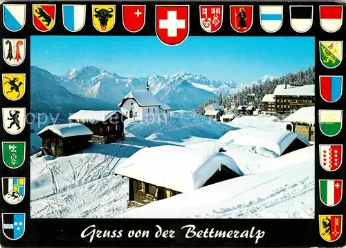 Bettmeralp VS Dorfansicht mit Kirche Fletschhorn Alphubel Dom Matterhorn Weisshorn Walliser Alpen Wappen Kat. Bettmeralp