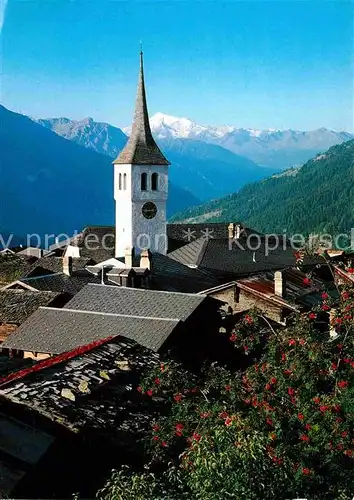 Bellwald Dorfpartie mit Kirche Blick zum Weisshorn Walliser Alpen Kat. Bellwald