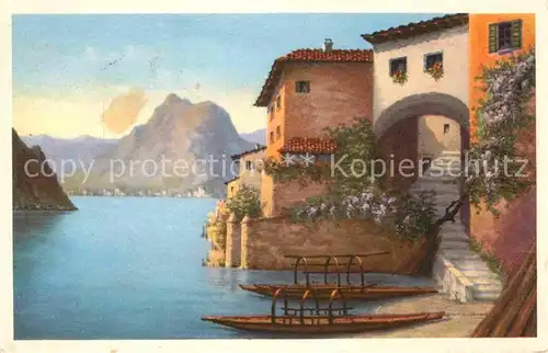 Gandria Lago di Lugano Motivo del Pittore Serafino Giambonini Kuenstlerkarte Kat. Gandria